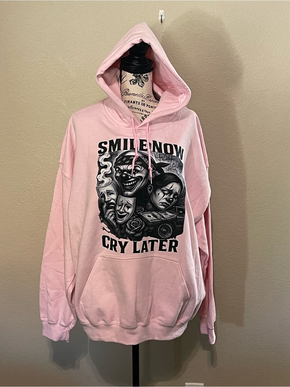 Gildan Pink Hoodie with Black Graphic "Smile Now Cry Later"